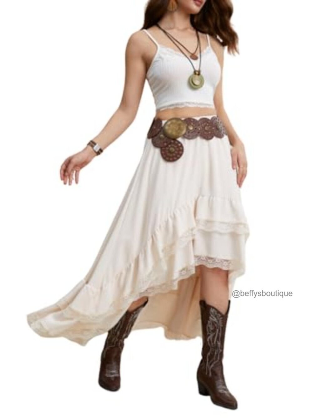 Western Cowgirl Boho Asymmetrical Lace Skirt Country Concert Outfit